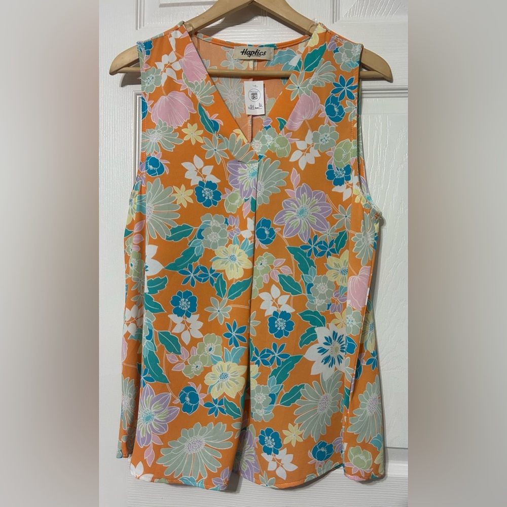 Haptics By Holly Harper Orange Floral Sleeveless Blouse Top NWT Size M